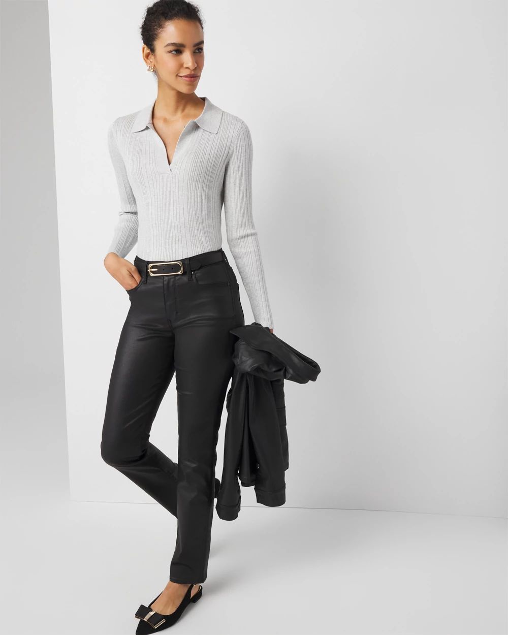 Ribbed Collar Metallic Pullover Sweater | White House Black Ribbed Collar Metallic Pullover Sweater | White House Black